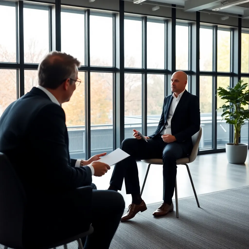 Manager en medewerker in constructief coachingsgesprek in modern Nederlands kantoor