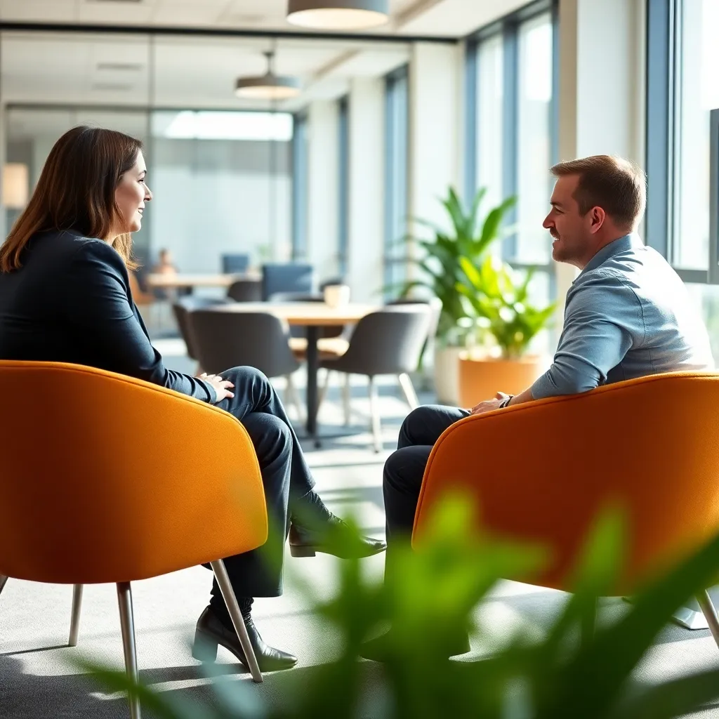 Manager coacht een jonge professional tijdens een één-op-één sessie